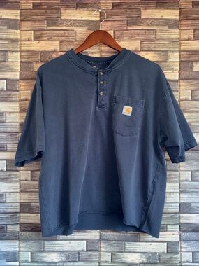 Used Carhartt Blue Short-Sleeve Henley with Pocket Patch Self Cropped Large